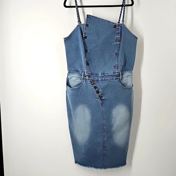 AS Stretch Denim Asymmetric Neckline Raw Hem 4 Pocket Slim Strap Dress - Picture 9 of 10